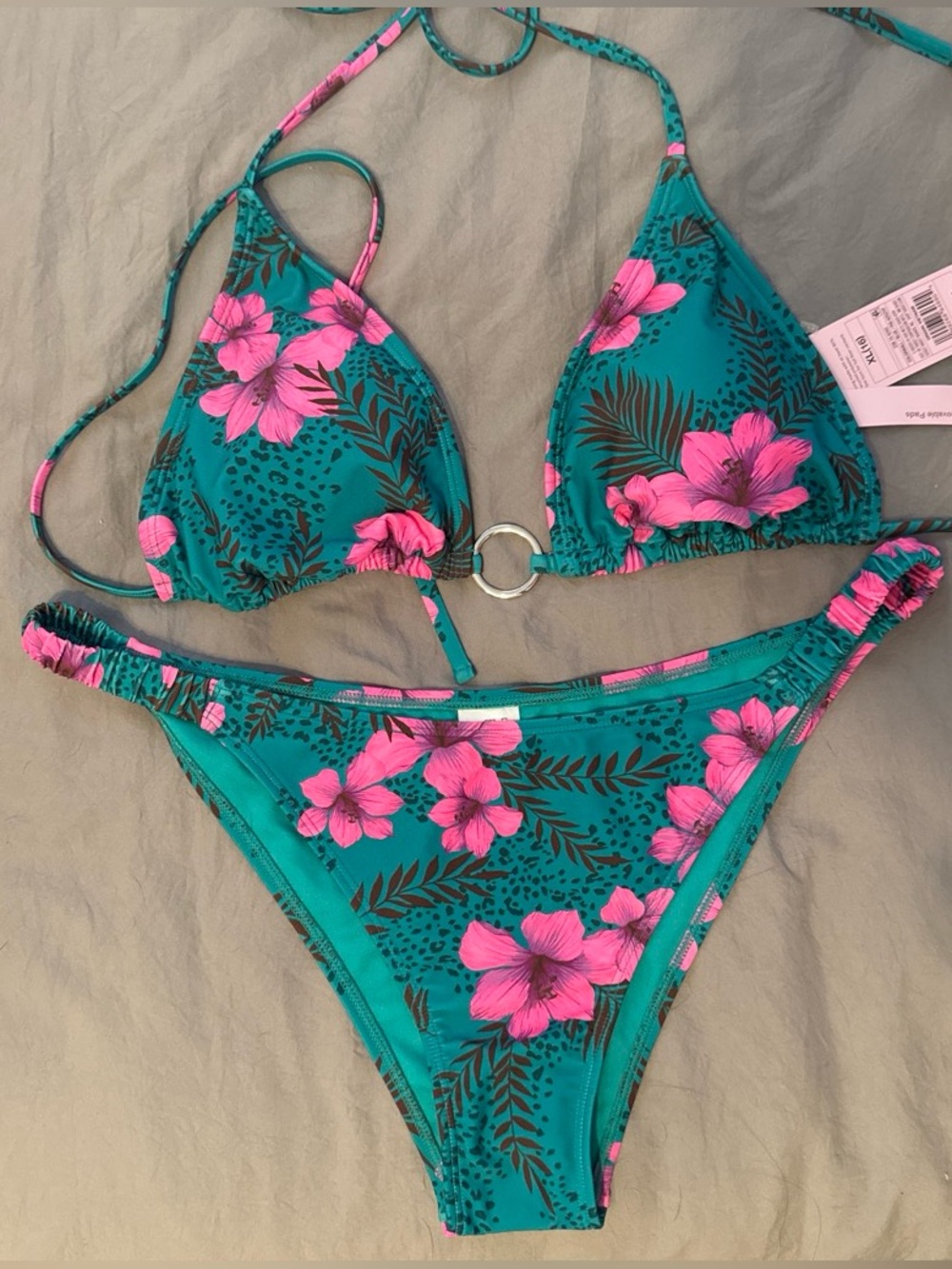 Wild Fable Teal Floral Bikini Set with Center Ring Teal and Pink Size XL/L